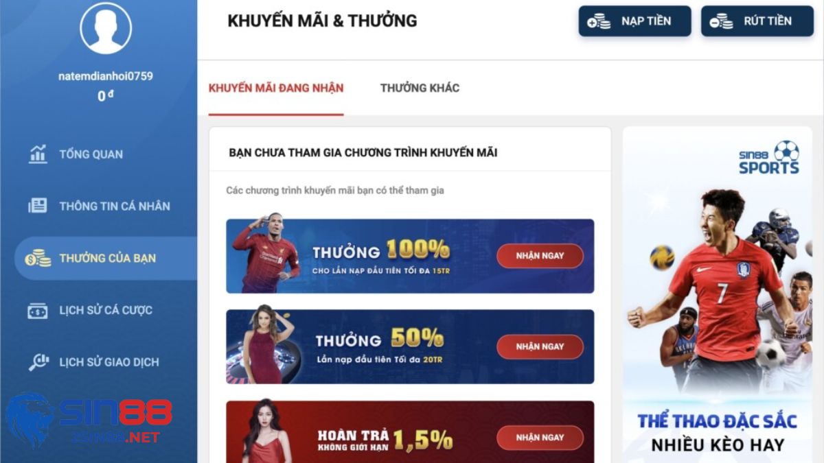 Thể thao Sin88 thường xuyên mở rộng khuyến mãi